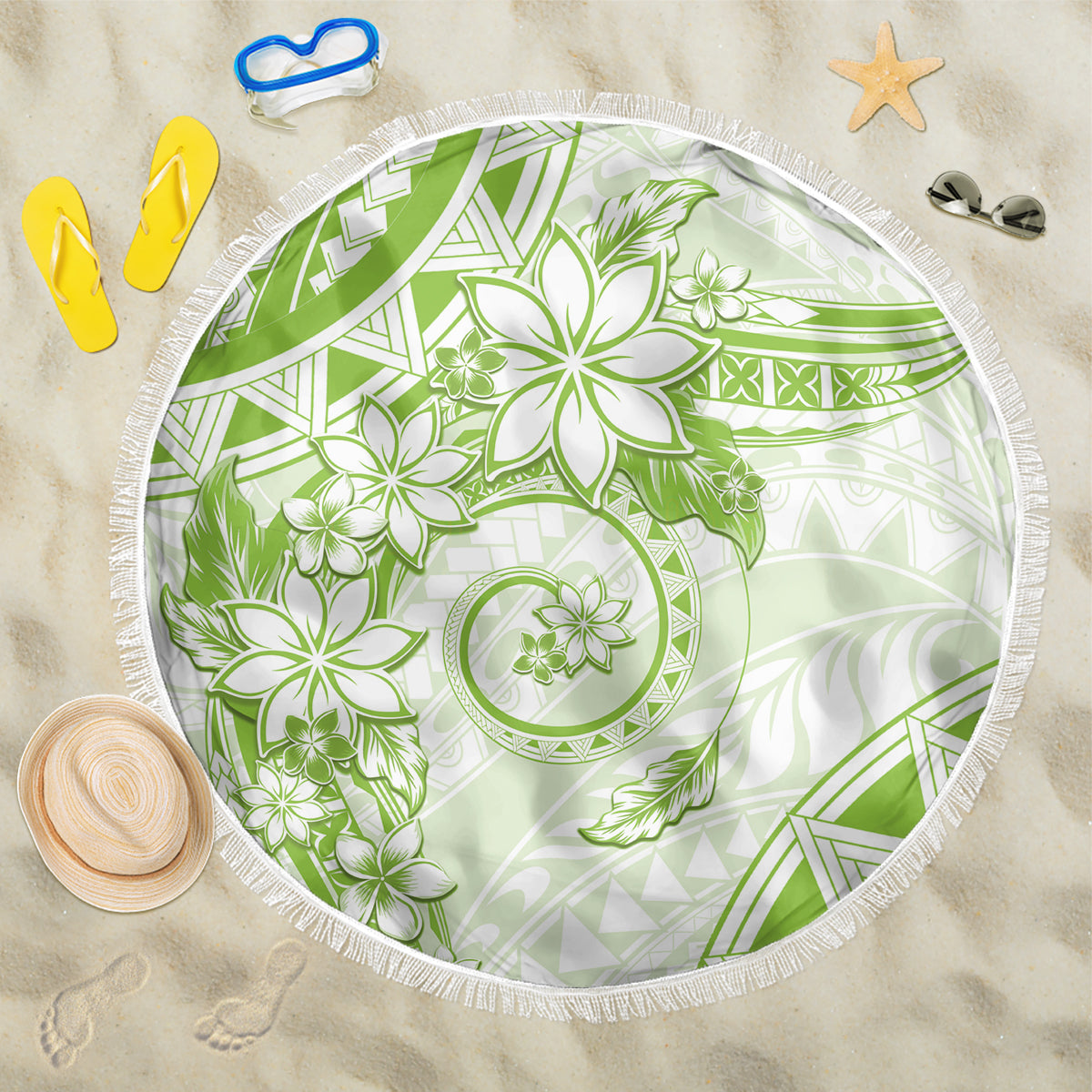 Polynesian Pattern With Plumeria Flowers Beach Blanket Lime Green LT05 One Size 150cm Lime Green - Polynesian Pride