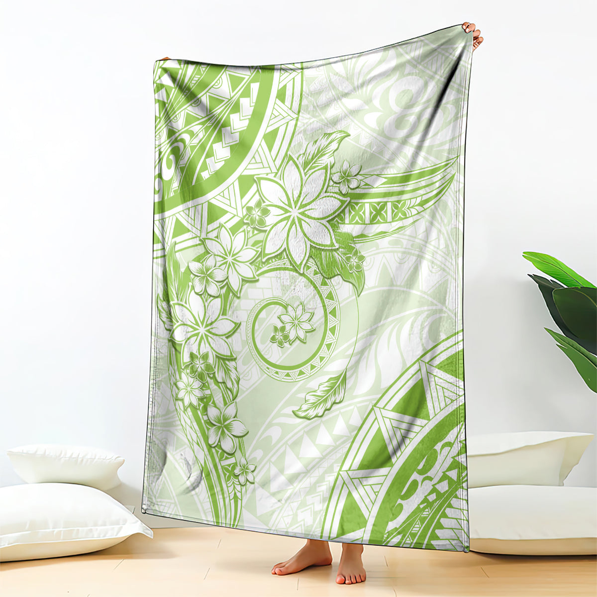Polynesian Pattern With Plumeria Flowers Blanket Lime Green LT05 - Polynesian Pride