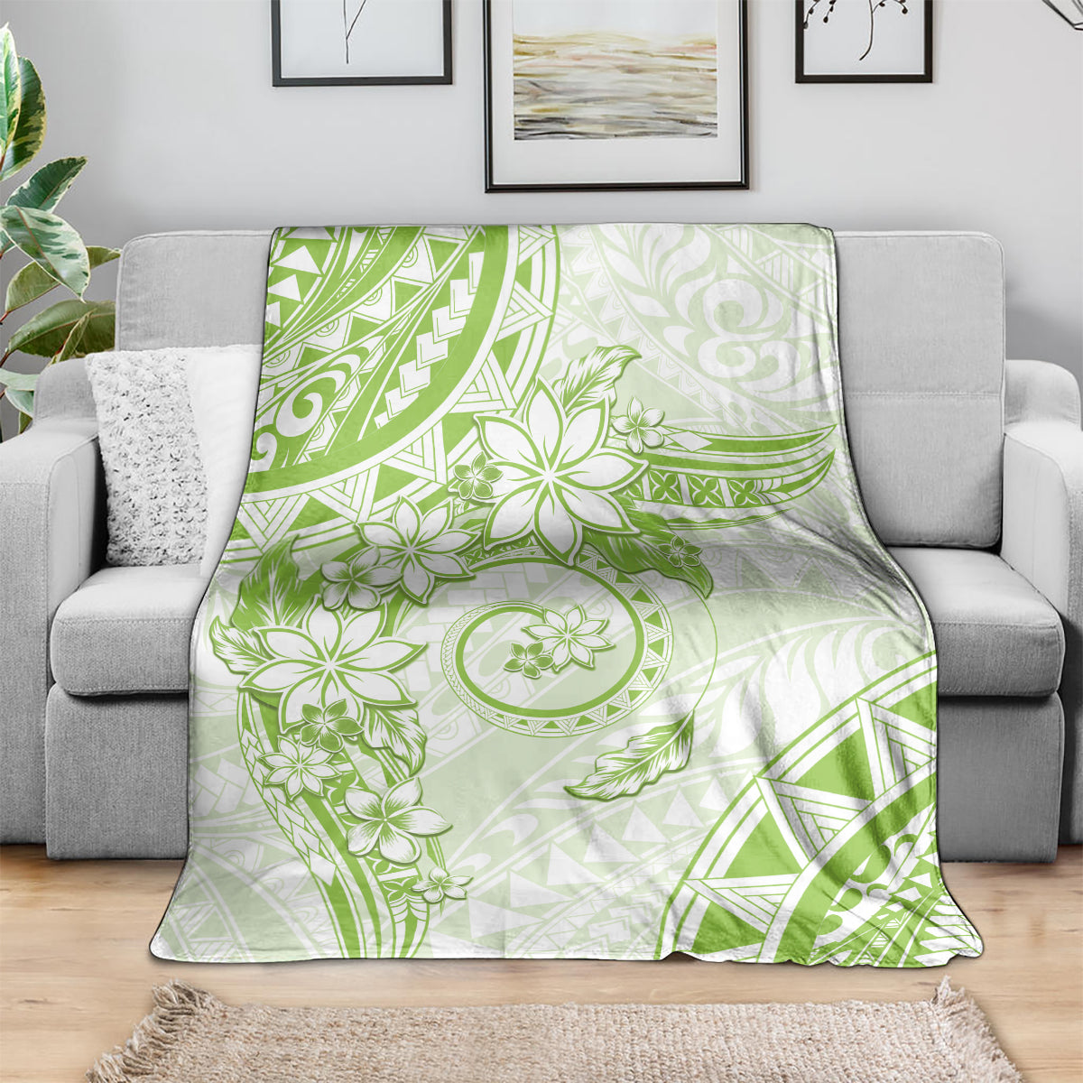 Polynesian Pattern With Plumeria Flowers Blanket Lime Green LT05 - Polynesian Pride