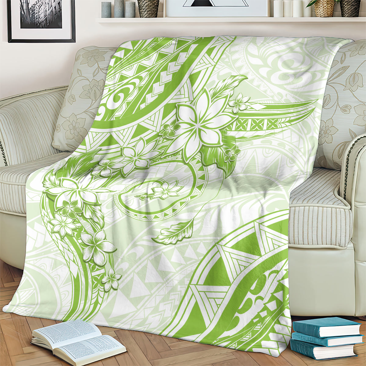 Polynesian Pattern With Plumeria Flowers Blanket Lime Green LT05 - Polynesian Pride