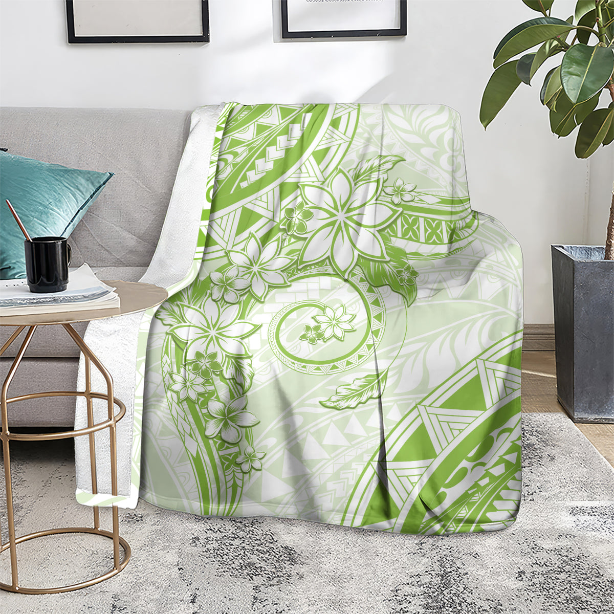 Polynesian Pattern With Plumeria Flowers Blanket Lime Green LT05 - Polynesian Pride