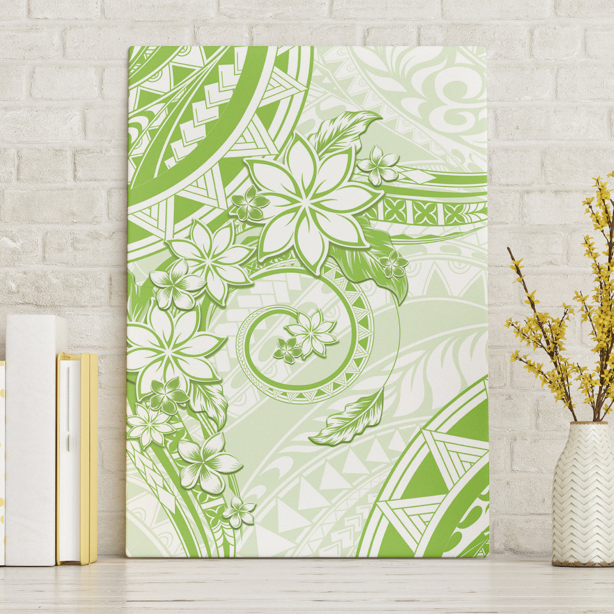 Polynesian Pattern With Plumeria Flowers Canvas Wall Art Lime Green LT05 Without Frame Lime Green - Polynesian Pride