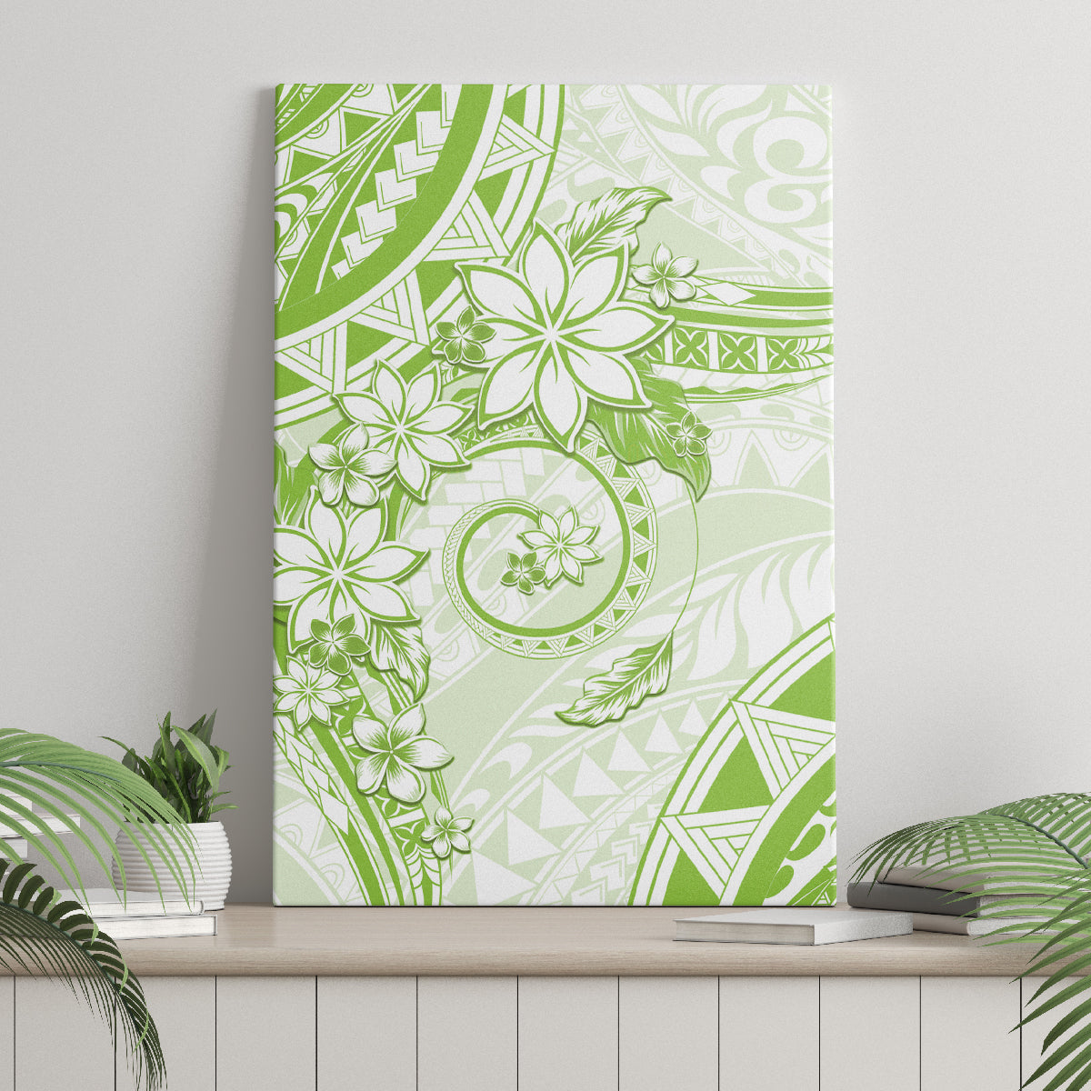 Polynesian Pattern With Plumeria Flowers Canvas Wall Art Lime Green LT05 - Polynesian Pride