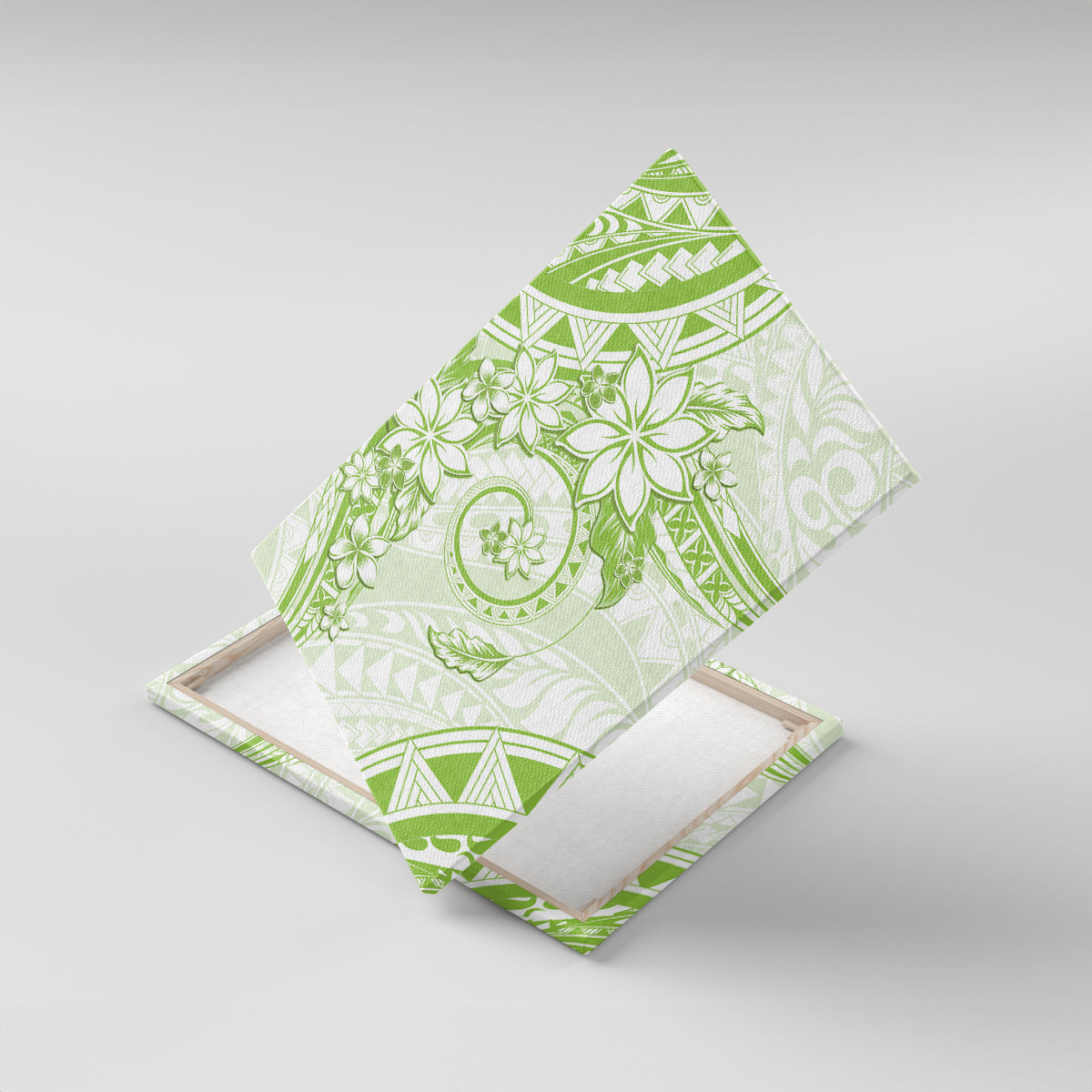 Polynesian Pattern With Plumeria Flowers Canvas Wall Art Lime Green LT05 With Frame Lime Green - Polynesian Pride
