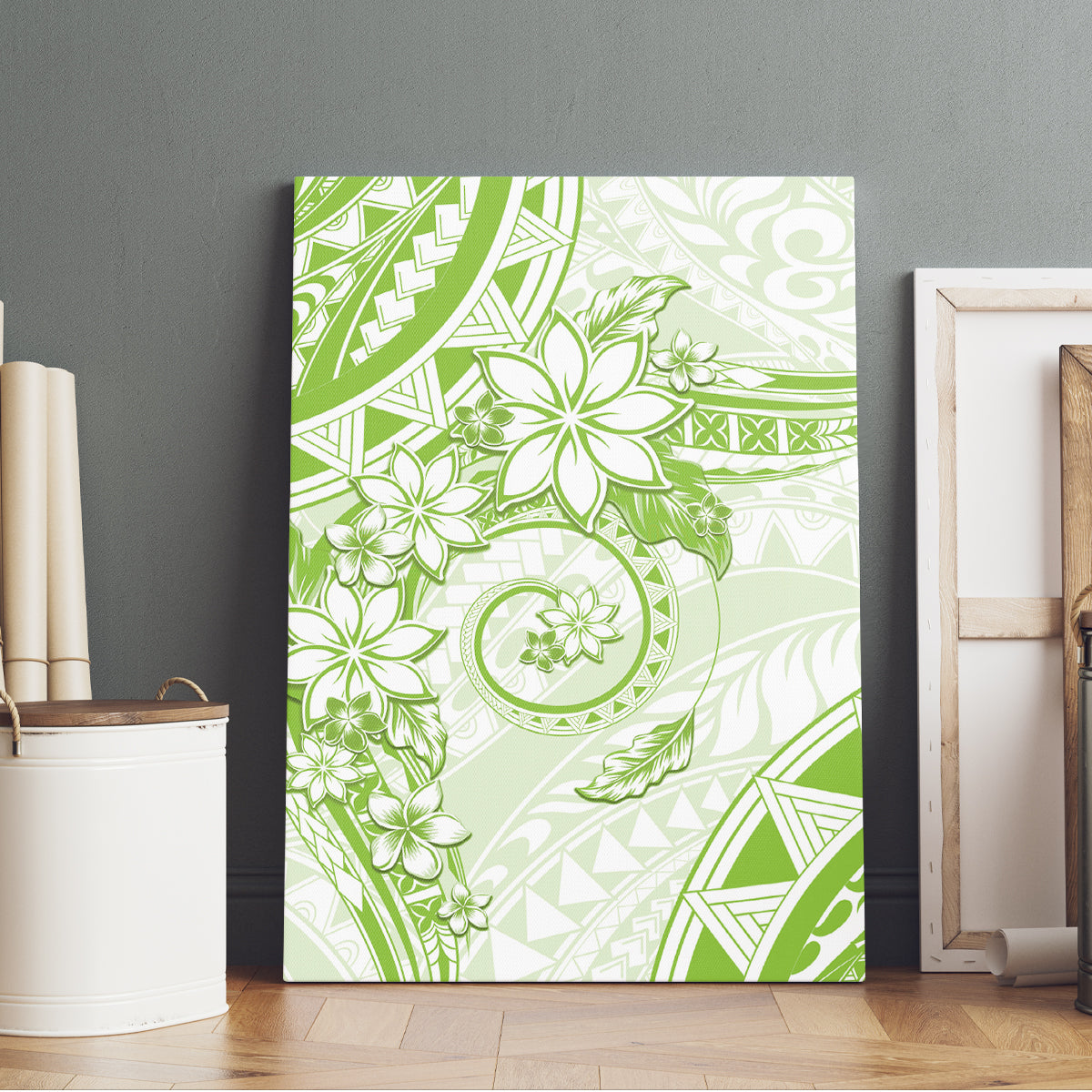 Polynesian Pattern With Plumeria Flowers Canvas Wall Art Lime Green LT05 - Polynesian Pride