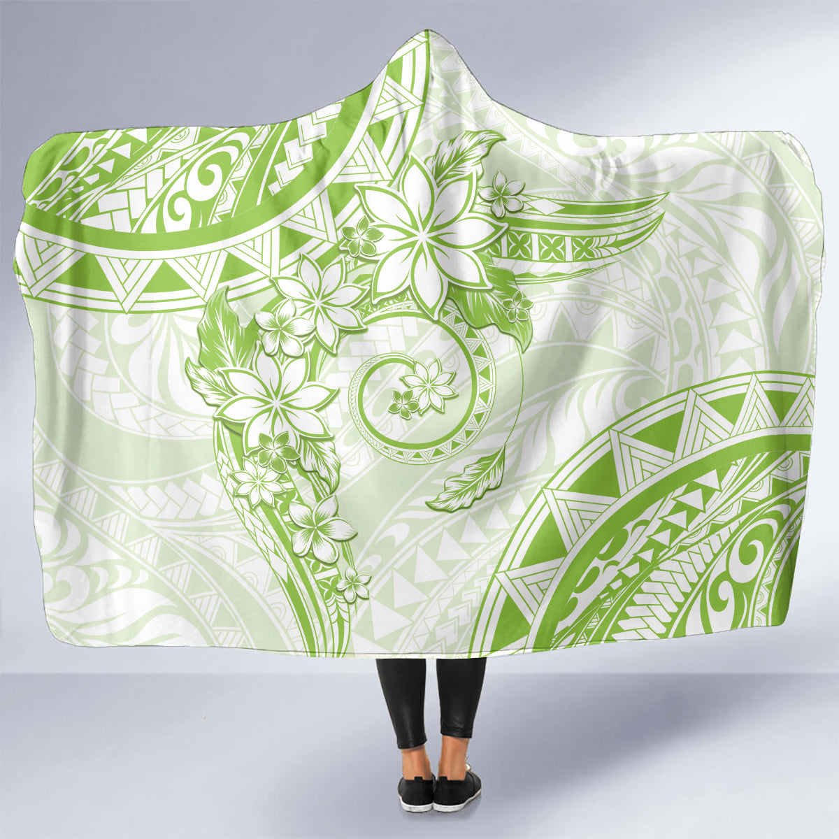 Polynesian Pattern With Plumeria Flowers Hooded Blanket Lime Green LT05 - Polynesian Pride
