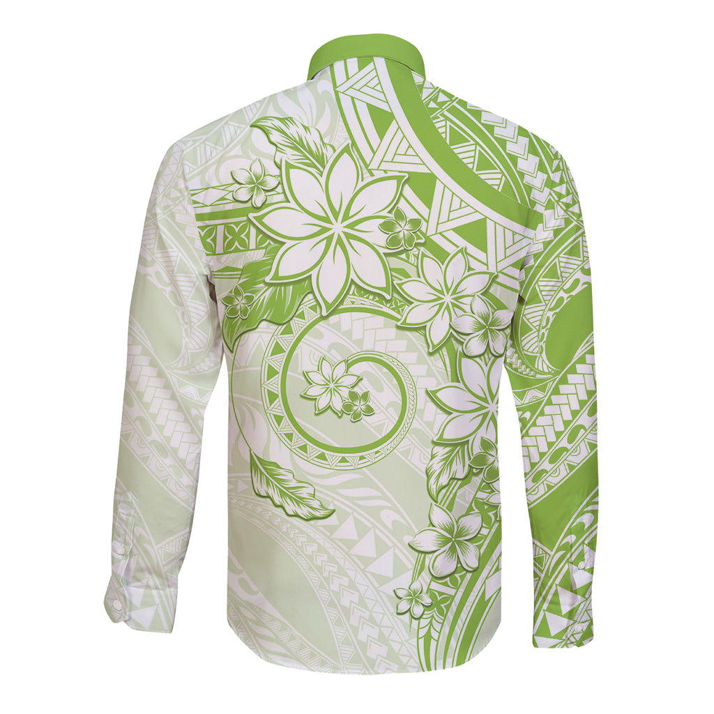 Polynesian Pattern With Plumeria Flowers Long Sleeve Button Shirt Lime Green LT05 - Polynesian Pride