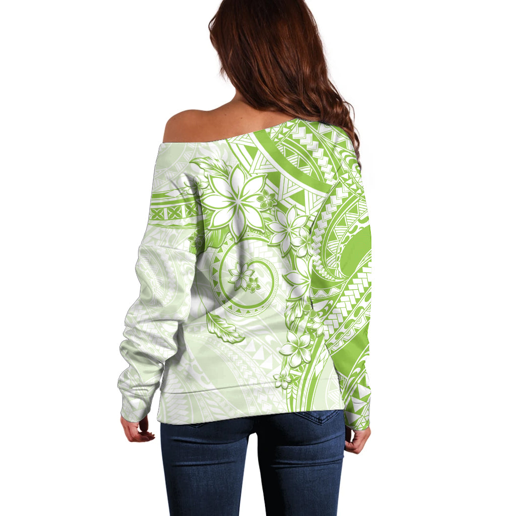 Polynesian Pattern With Plumeria Flowers Off Shoulder Sweater Lime Green LT05 - Polynesian Pride