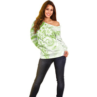 Polynesian Pattern With Plumeria Flowers Off Shoulder Sweater Lime Green LT05 - Polynesian Pride
