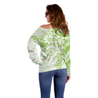 Polynesian Pattern With Plumeria Flowers Off Shoulder Sweater Lime Green LT05 - Polynesian Pride