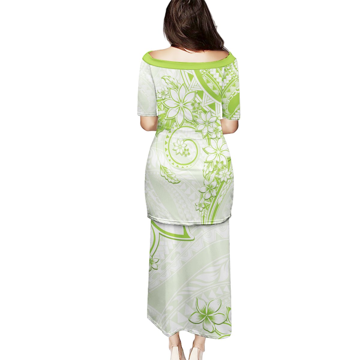 Polynesian Pattern With Plumeria Flowers Puletasi Lime Green LT05 - Polynesian Pride