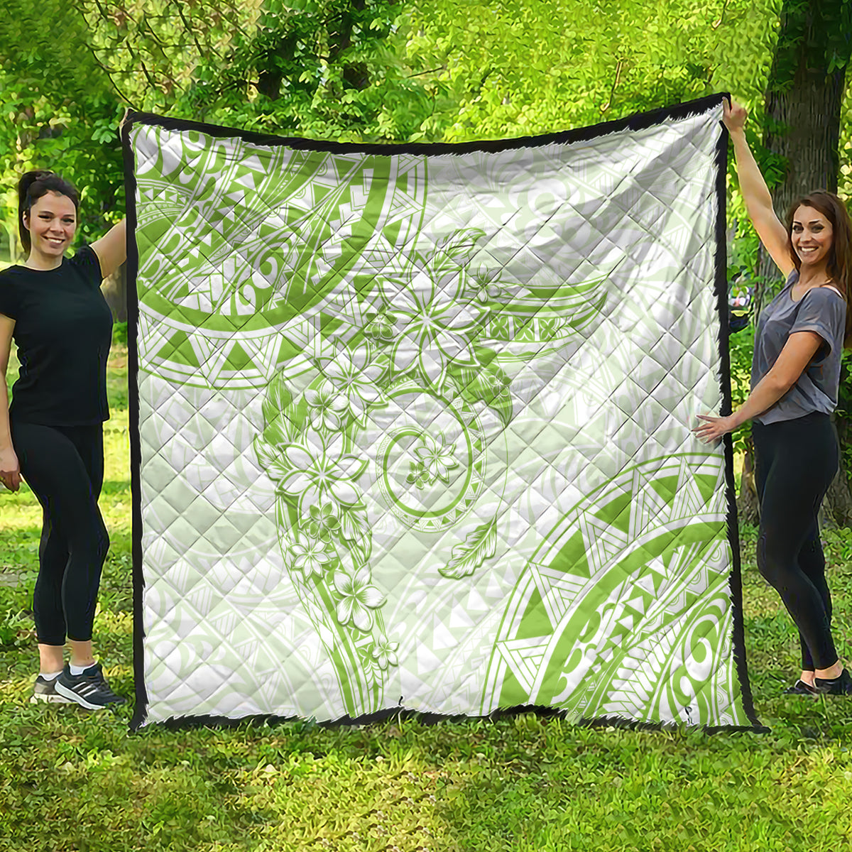 Polynesian Pattern With Plumeria Flowers Quilt Lime Green LT05 - Polynesian Pride