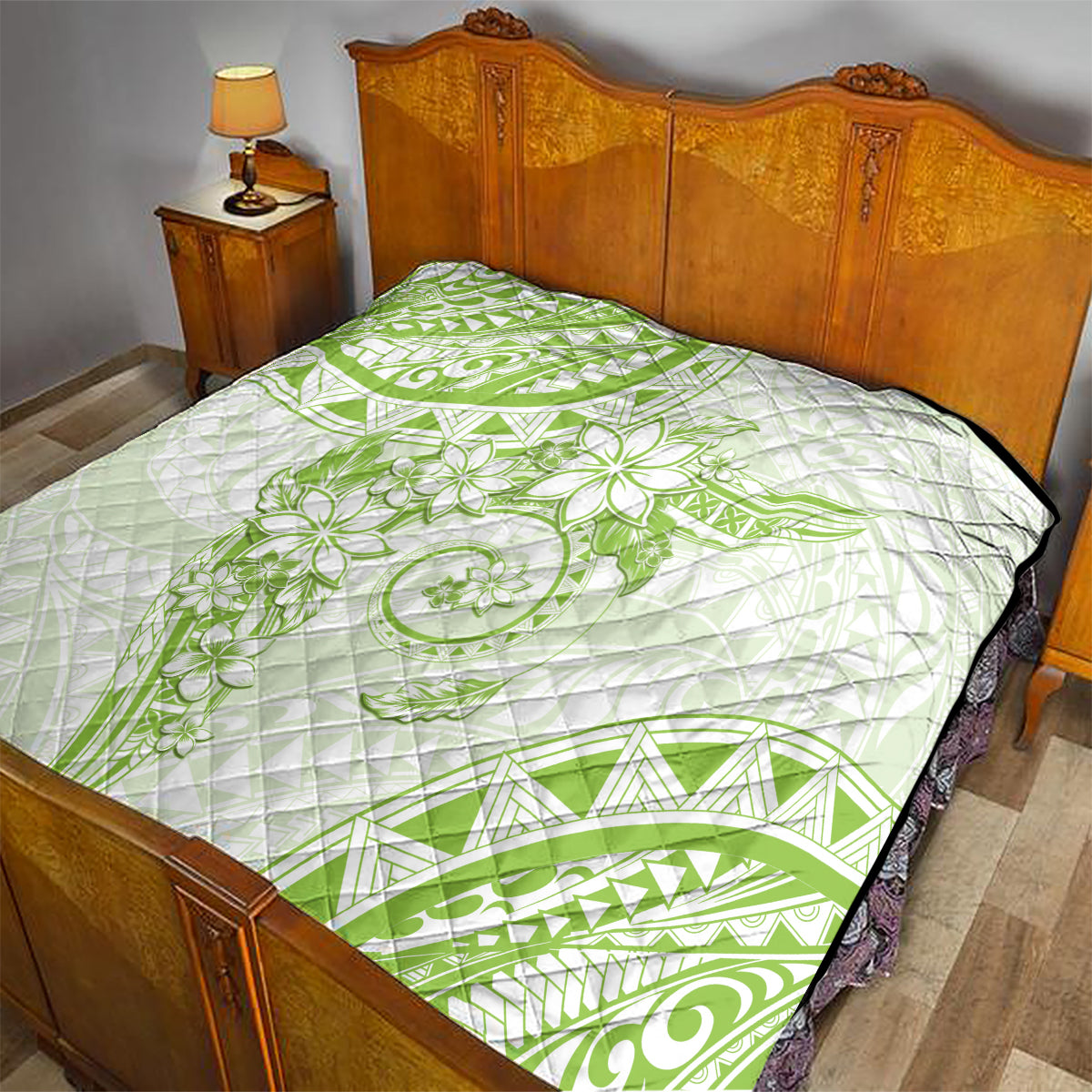 Polynesian Pattern With Plumeria Flowers Quilt Lime Green LT05 - Polynesian Pride