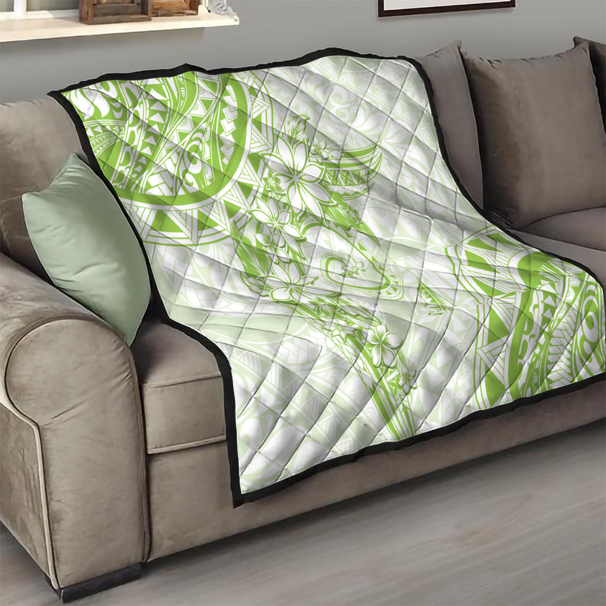 Polynesian Pattern With Plumeria Flowers Quilt Lime Green LT05 - Polynesian Pride