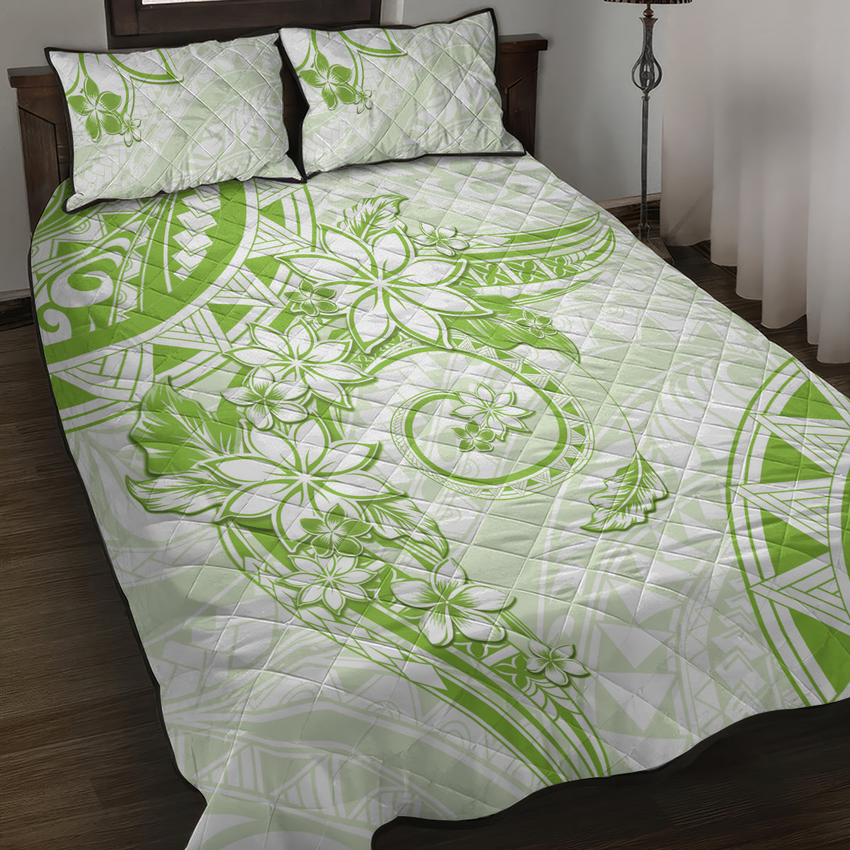 Polynesian Pattern With Plumeria Flowers Quilt Bed Set Lime Green LT05 Lime Green - Polynesian Pride