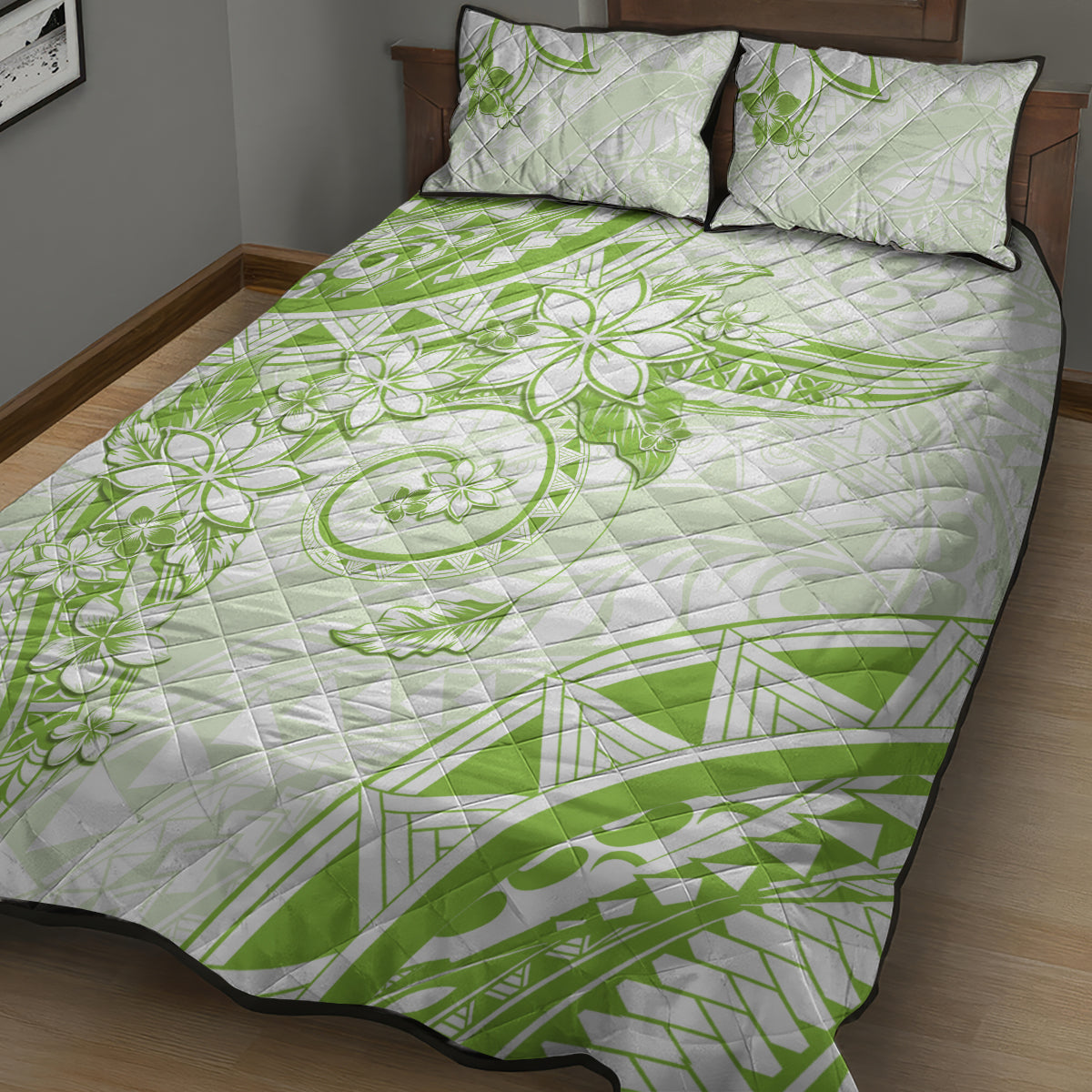Polynesian Pattern With Plumeria Flowers Quilt Bed Set Lime Green LT05 - Polynesian Pride