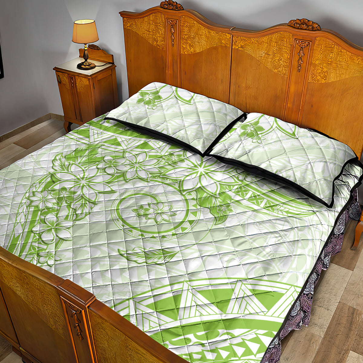 Polynesian Pattern With Plumeria Flowers Quilt Bed Set Lime Green LT05 - Polynesian Pride