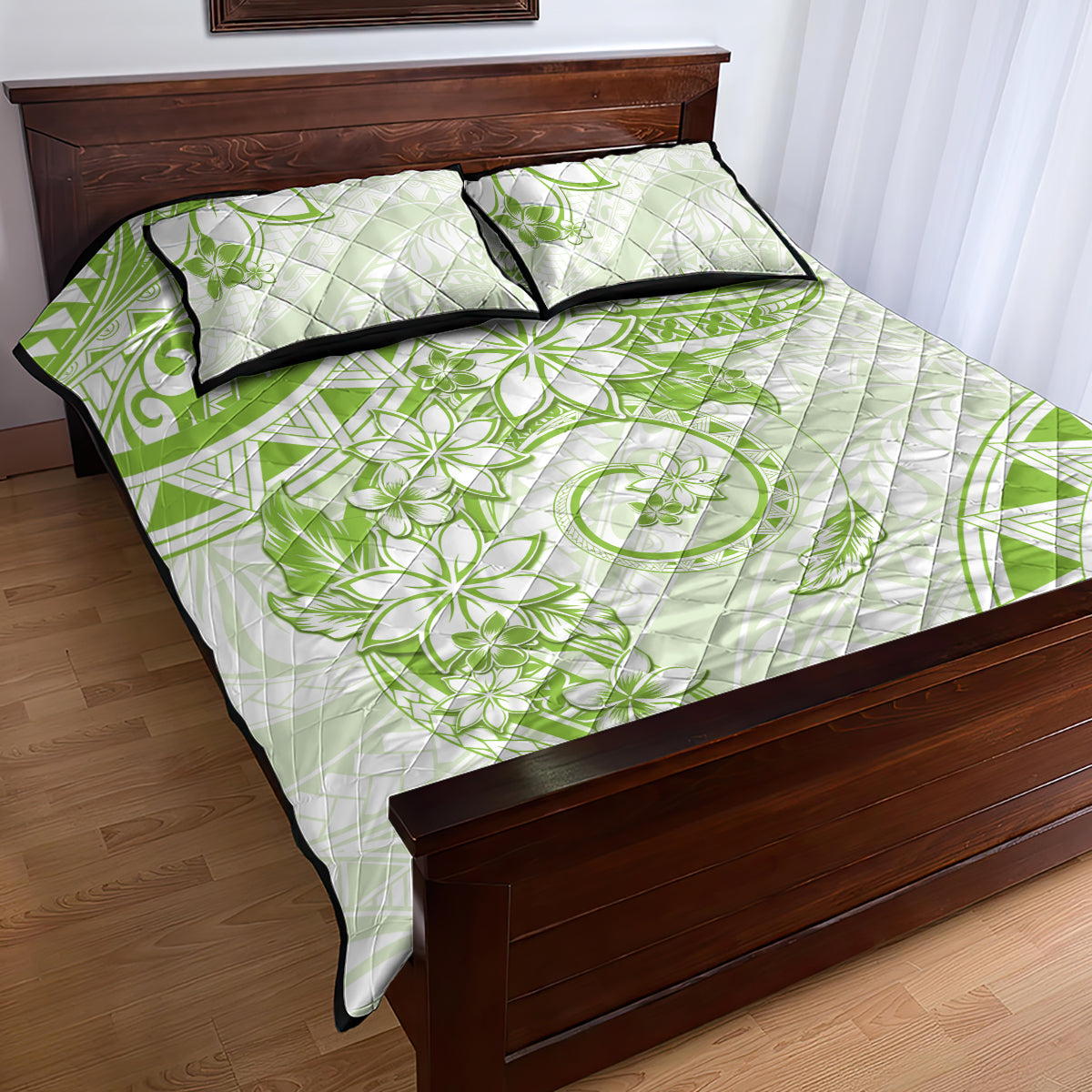 Polynesian Pattern With Plumeria Flowers Quilt Bed Set Lime Green LT05 - Polynesian Pride