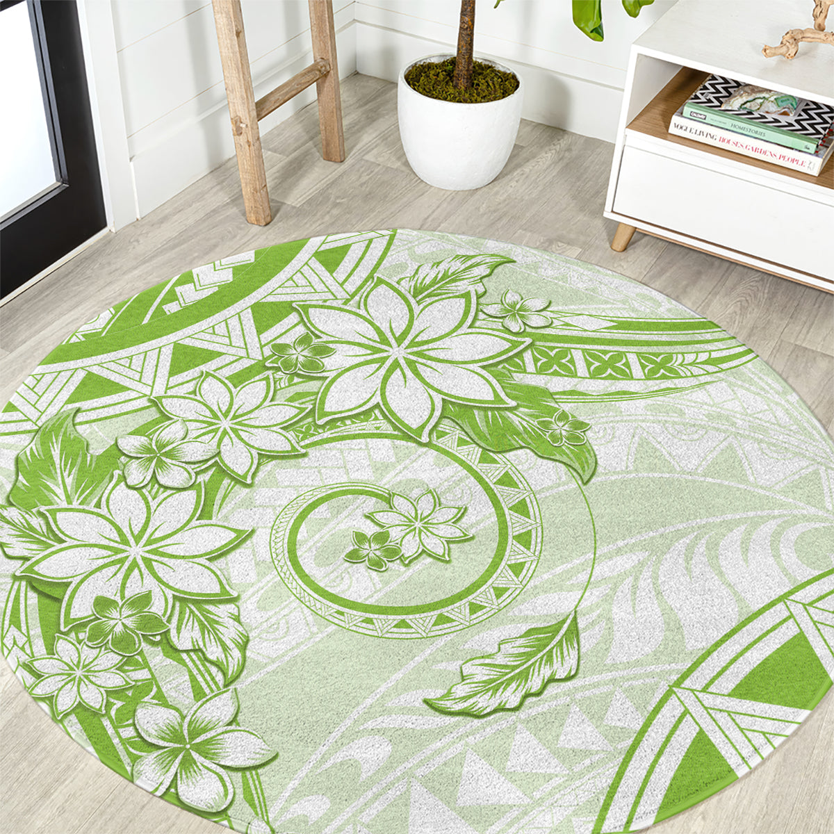 Polynesian Pattern With Plumeria Flowers Round Carpet Lime Green LT05 Lime Green - Polynesian Pride