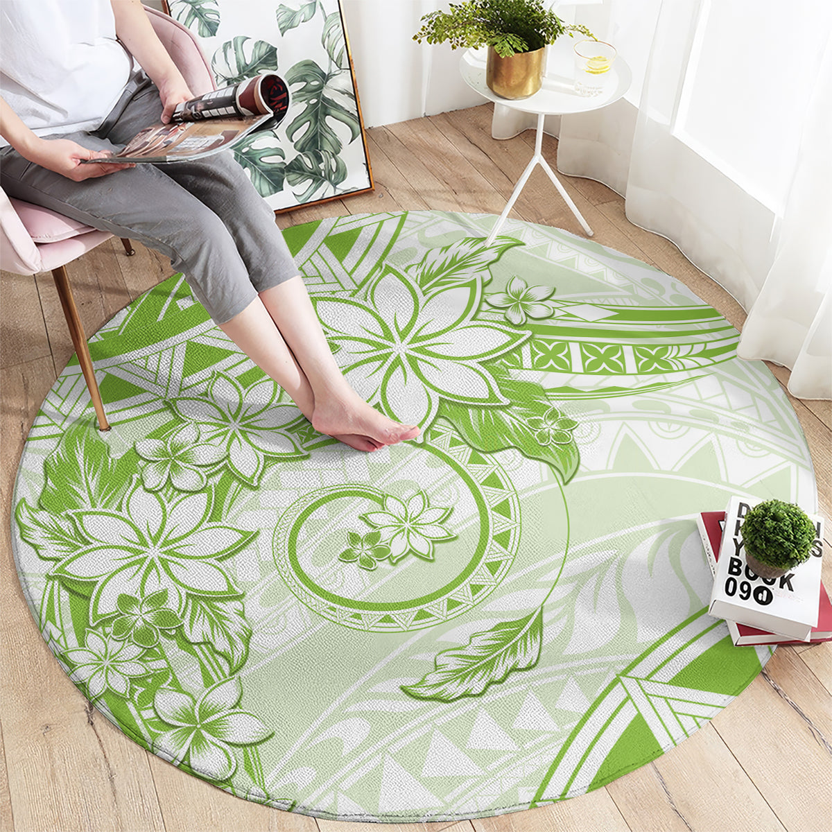Polynesian Pattern With Plumeria Flowers Round Carpet Lime Green LT05 - Polynesian Pride