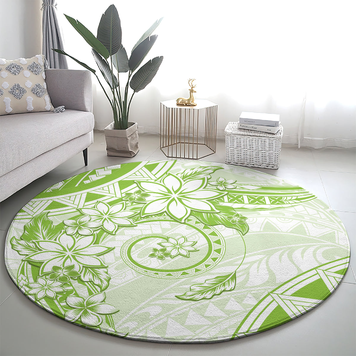 Polynesian Pattern With Plumeria Flowers Round Carpet Lime Green LT05 - Polynesian Pride