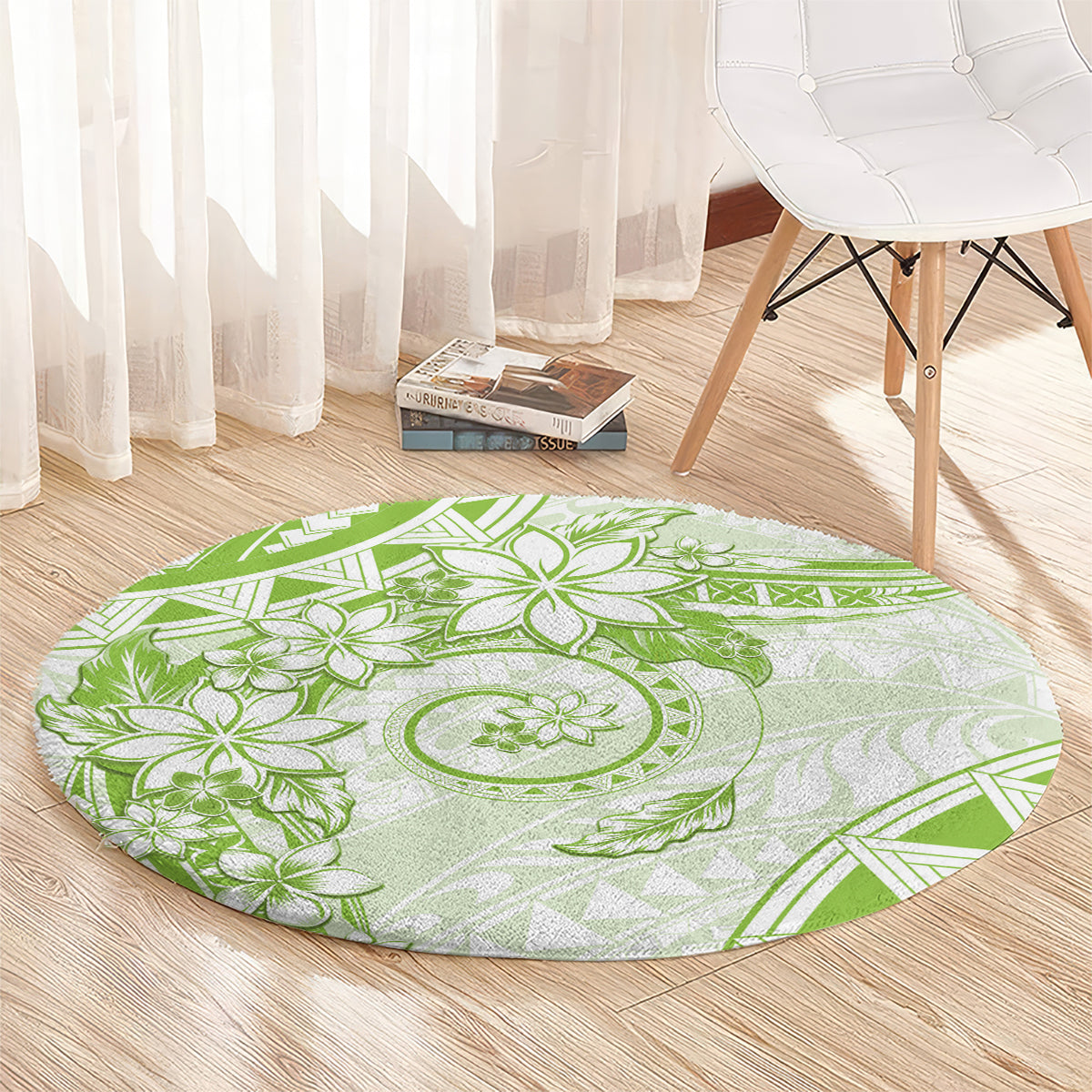 Polynesian Pattern With Plumeria Flowers Round Carpet Lime Green LT05 - Polynesian Pride