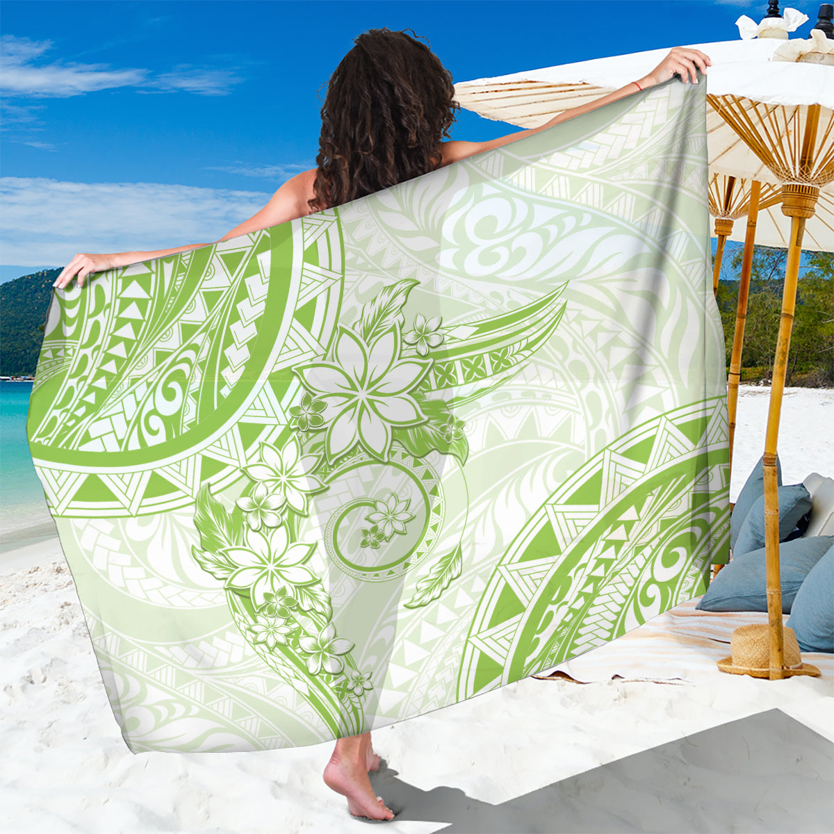 Polynesian Pattern With Plumeria Flowers Sarong Lime Green LT05 One Size 44 x 66 inches Lime Green - Polynesian Pride