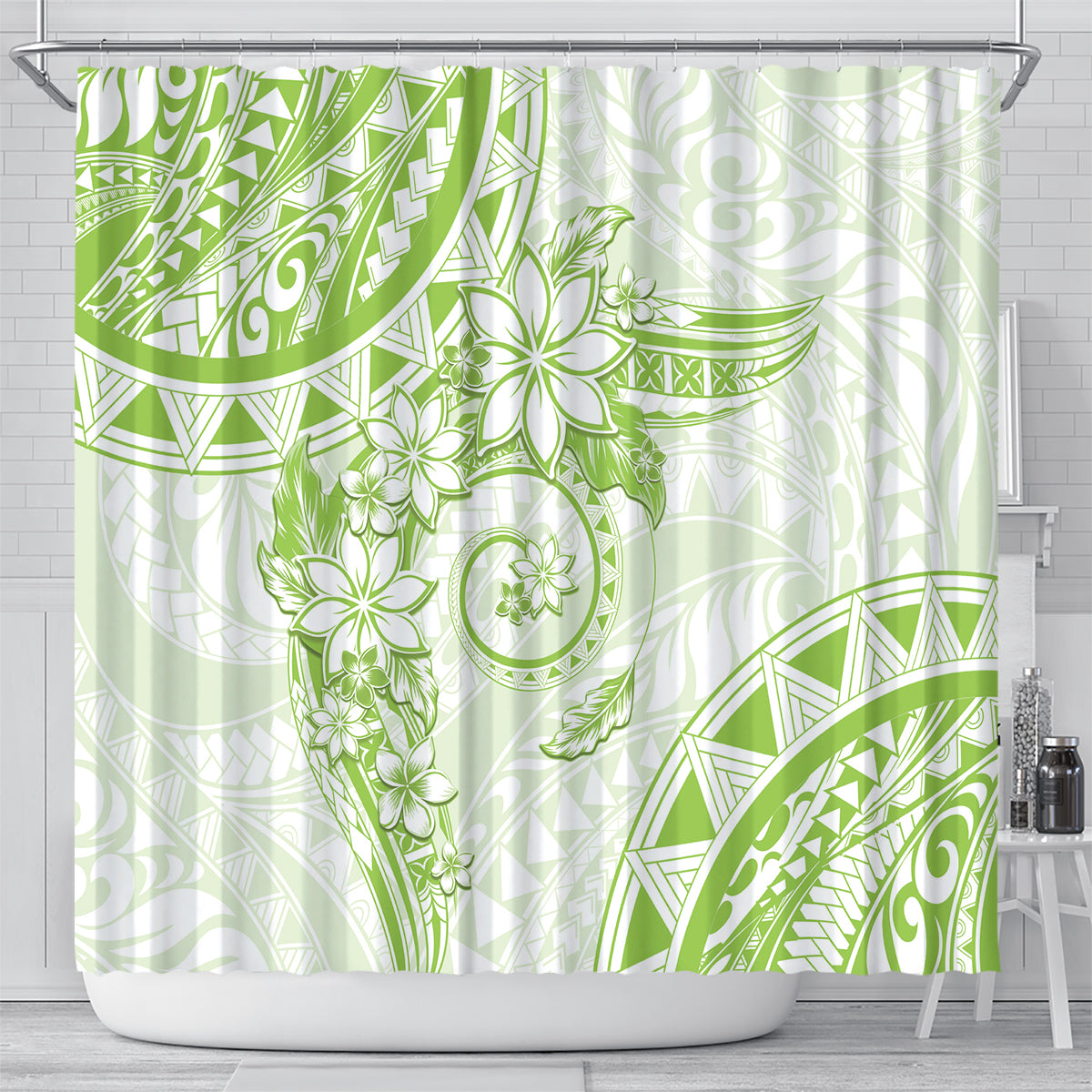 Polynesian Pattern With Plumeria Flowers Shower Curtain Lime Green LT05 - Polynesian Pride