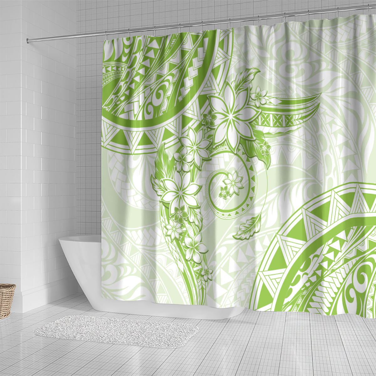 Polynesian Pattern With Plumeria Flowers Shower Curtain Lime Green LT05 - Polynesian Pride