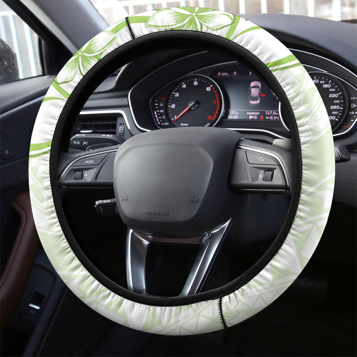Polynesian Pattern With Plumeria Flowers Steering Wheel Cover Lime Green LT05 - Polynesian Pride