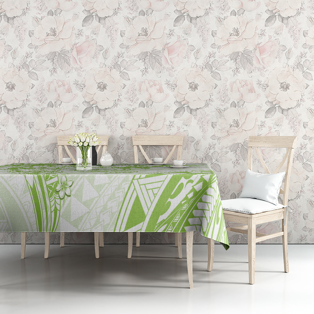 Polynesian Pattern With Plumeria Flowers Tablecloth Lime Green LT05 - Polynesian Pride