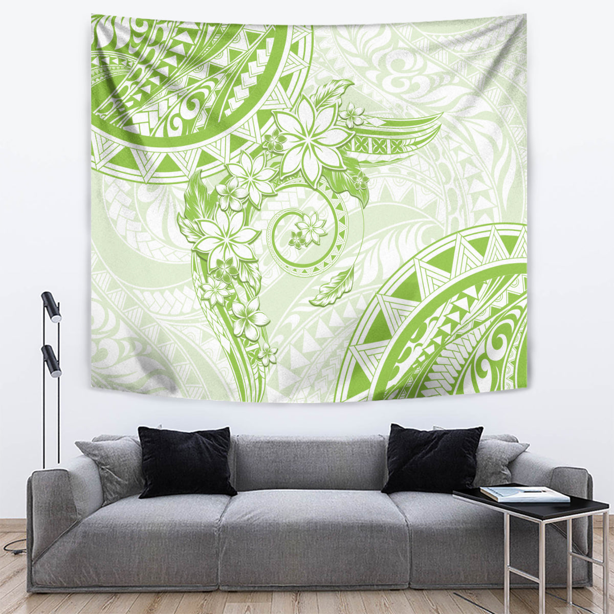 Polynesian Pattern With Plumeria Flowers Tapestry Lime Green LT05 Lime Green - Polynesian Pride