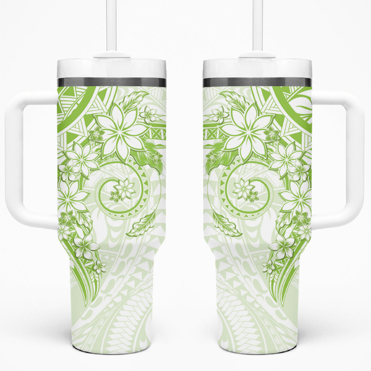 Lime Green Polynesian Pattern With Plumeria Flowers Tumbler With Handle LT05 One Size: 40 oz Lime Green - Polynesian Pride