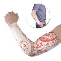 Polynesian Pattern With Plumeria Flowers Arm Sleeves Orange Peach LT05 Set of 2 Peach - Polynesian Pride