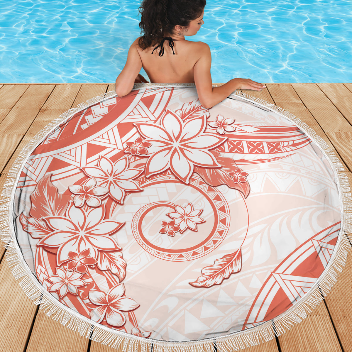 Polynesian Pattern With Plumeria Flowers Beach Blanket Orange Peach LT05 - Polynesian Pride