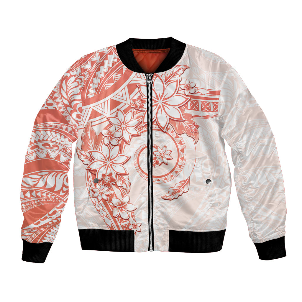 Polynesian Pattern With Plumeria Flowers Bomber Jacket Orange Peach LT05 Unisex Peach - Polynesian Pride