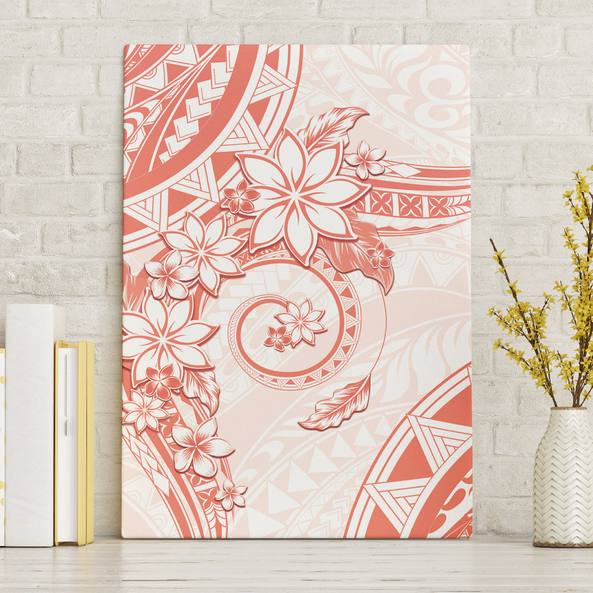 Polynesian Pattern With Plumeria Flowers Canvas Wall Art Orange Peach LT05 Without Frame Peach - Polynesian Pride