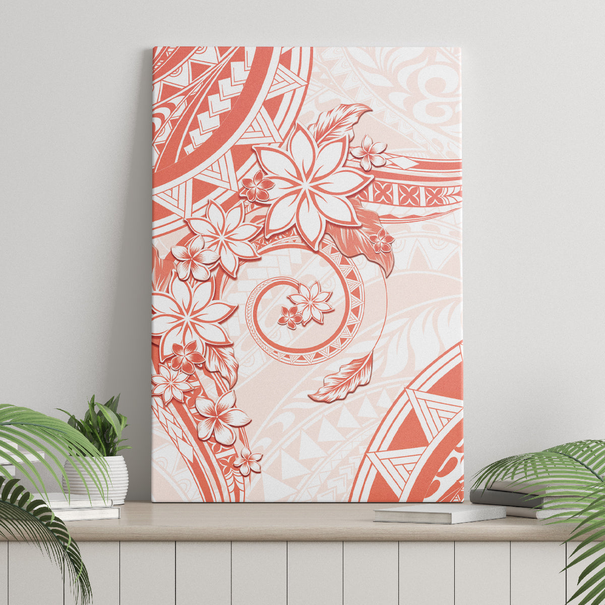 Polynesian Pattern With Plumeria Flowers Canvas Wall Art Orange Peach LT05 - Polynesian Pride