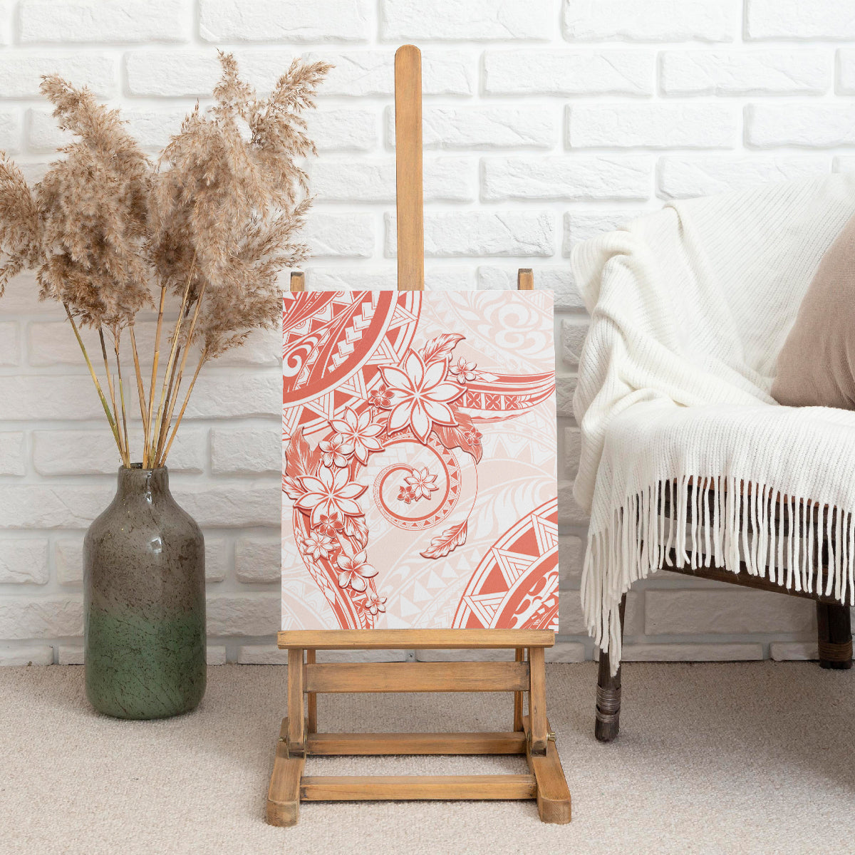 Polynesian Pattern With Plumeria Flowers Canvas Wall Art Orange Peach LT05 - Polynesian Pride