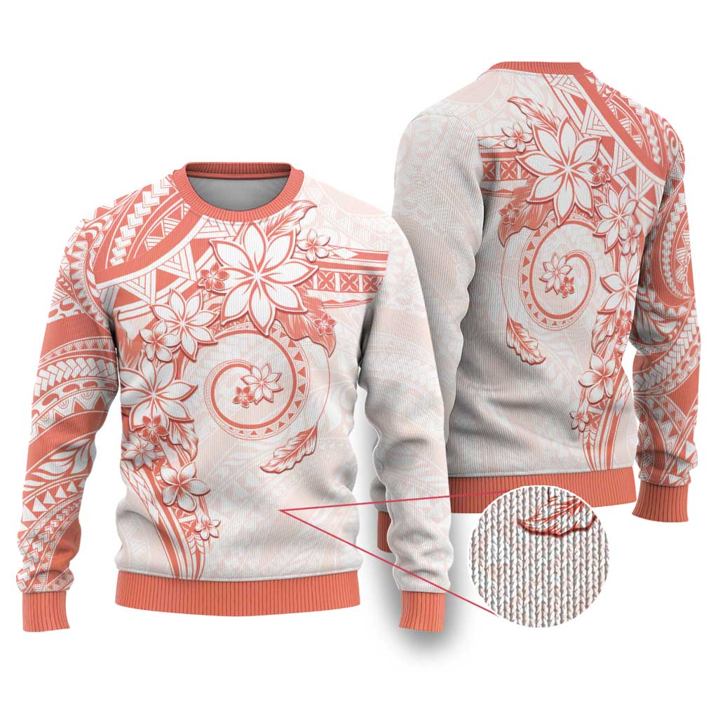 Polynesian Pattern With Plumeria Flowers Ugly Christmas Sweater Orange Peach LT05 Peach - Polynesian Pride