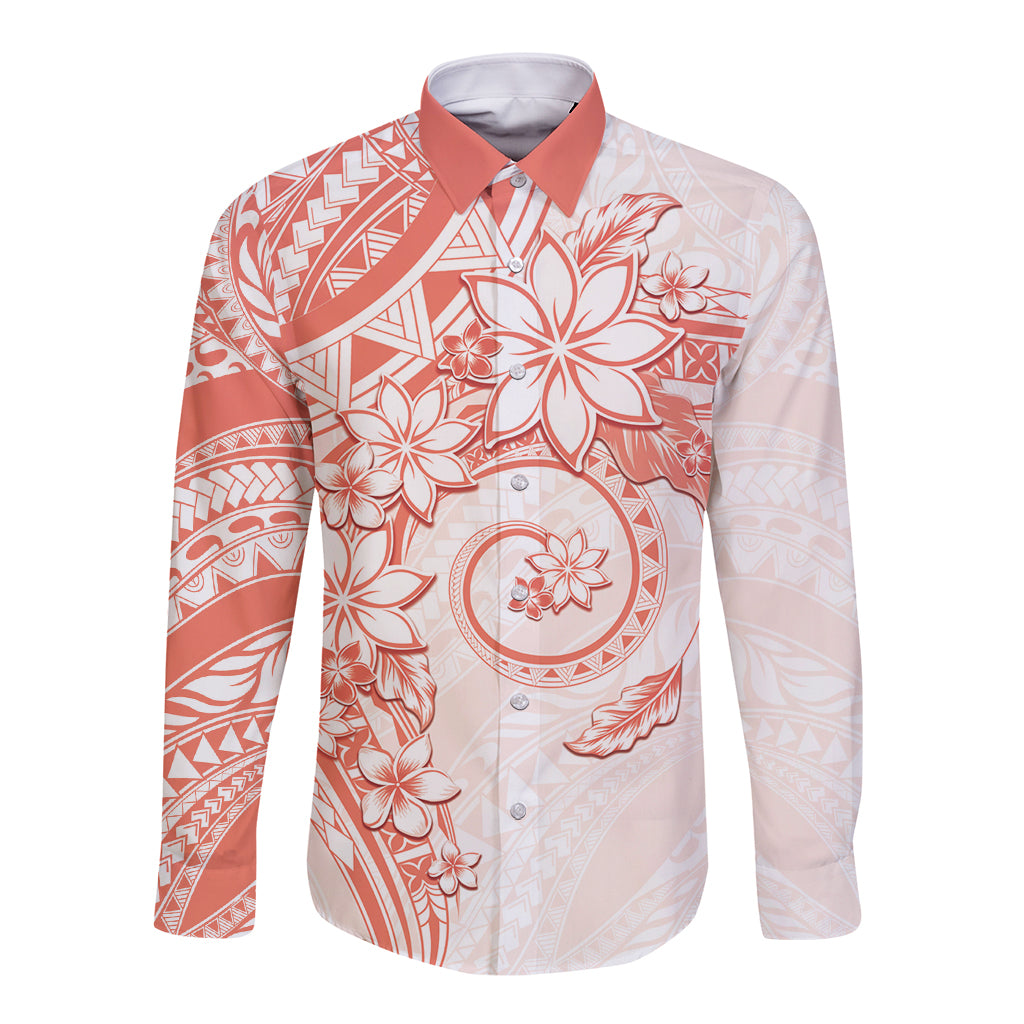 Polynesian Pattern With Plumeria Flowers Long Sleeve Button Shirt Orange Peach LT05 Unisex Peach - Polynesian Pride