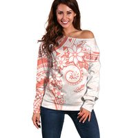 Polynesian Pattern With Plumeria Flowers Off Shoulder Sweater Orange Peach LT05 Women Peach - Polynesian Pride