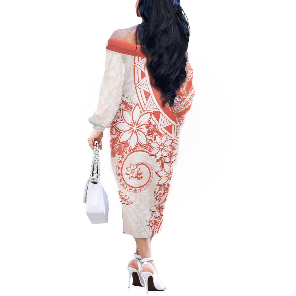 Polynesian Pattern With Plumeria Flowers Off The Shoulder Long Sleeve Dress Orange Peach LT05 - Polynesian Pride