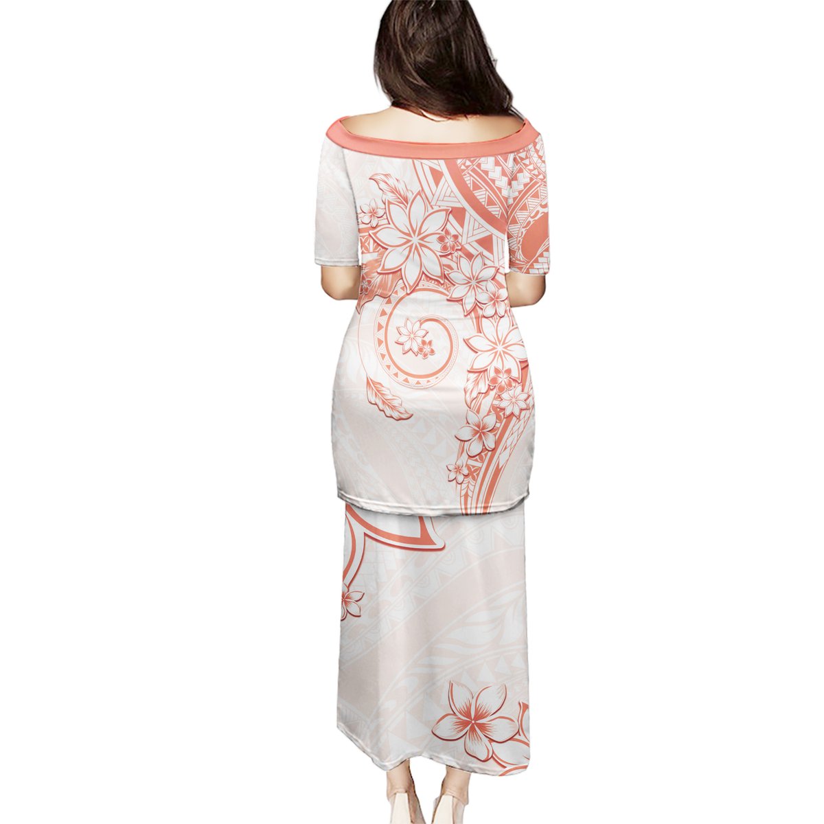 Polynesian Pattern With Plumeria Flowers Puletasi Orange Peach LT05 - Polynesian Pride