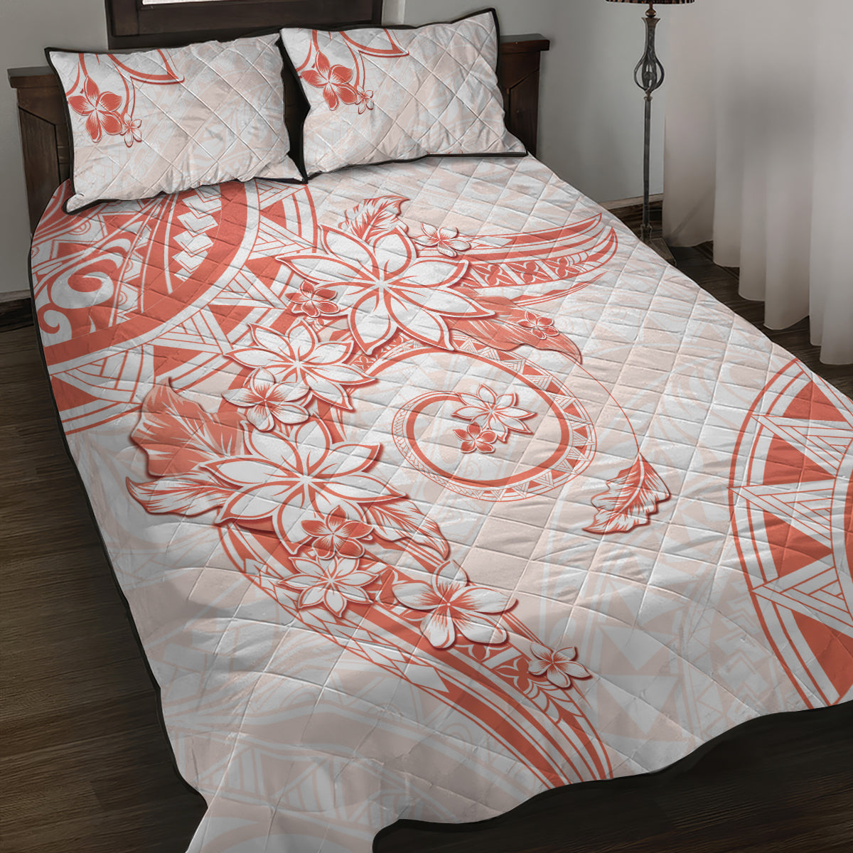 Polynesian Pattern With Plumeria Flowers Quilt Bed Set Orange Peach LT05 Peach - Polynesian Pride