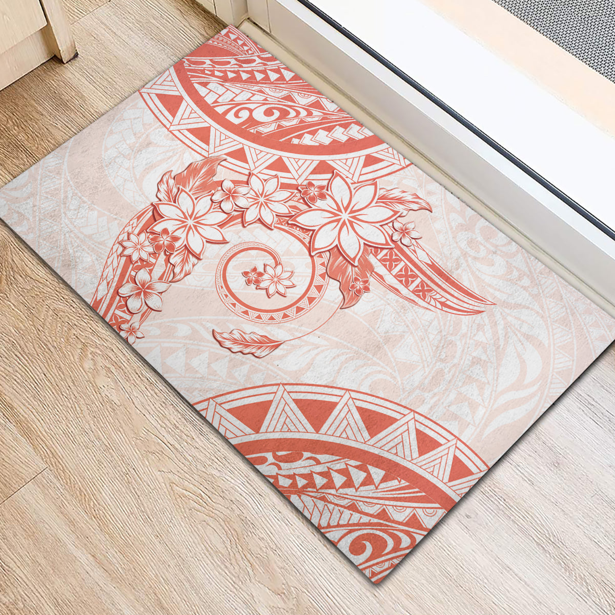 Polynesian Pattern With Plumeria Flowers Rubber Doormat Orange Peach LT05 - Polynesian Pride