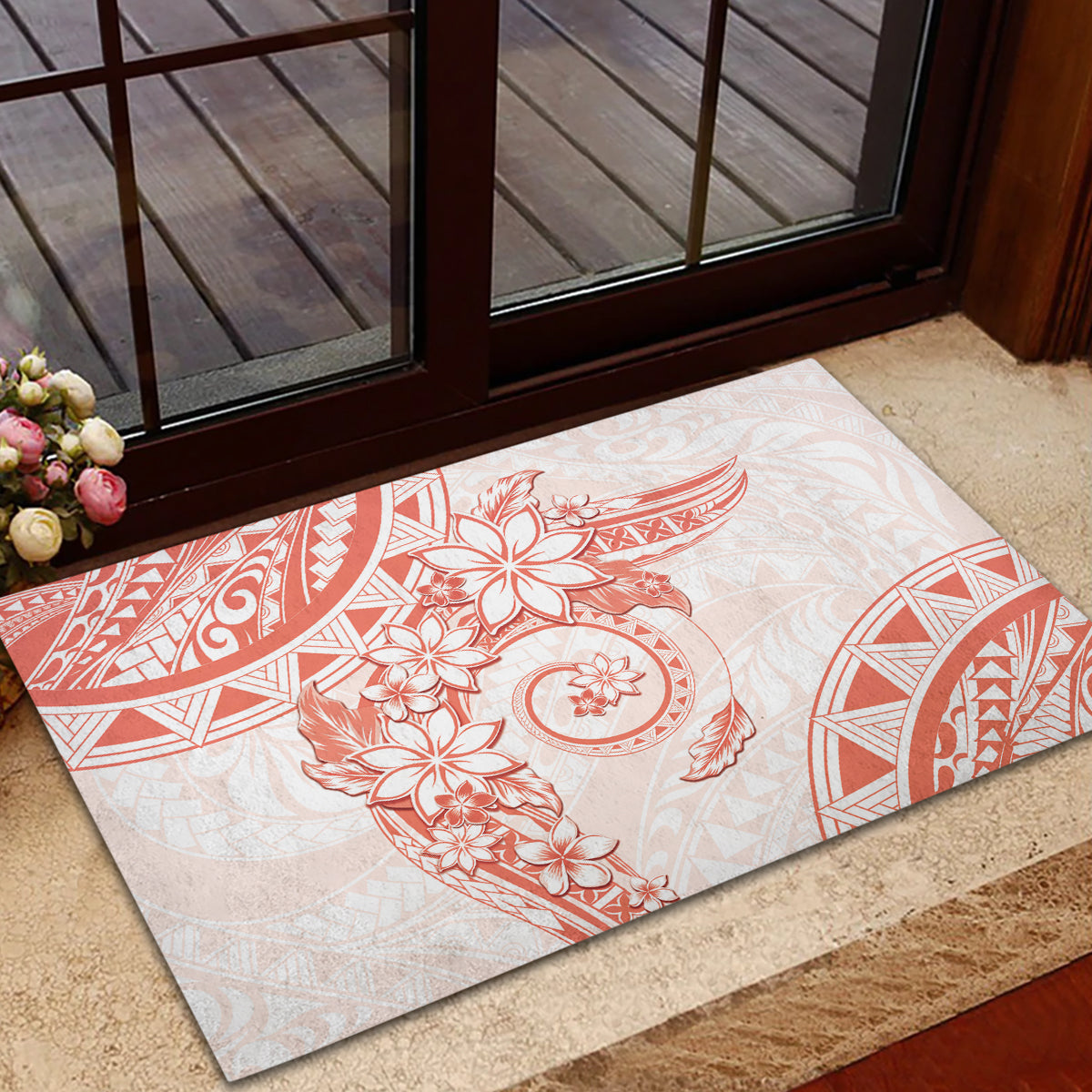 Polynesian Pattern With Plumeria Flowers Rubber Doormat Orange Peach LT05 - Polynesian Pride