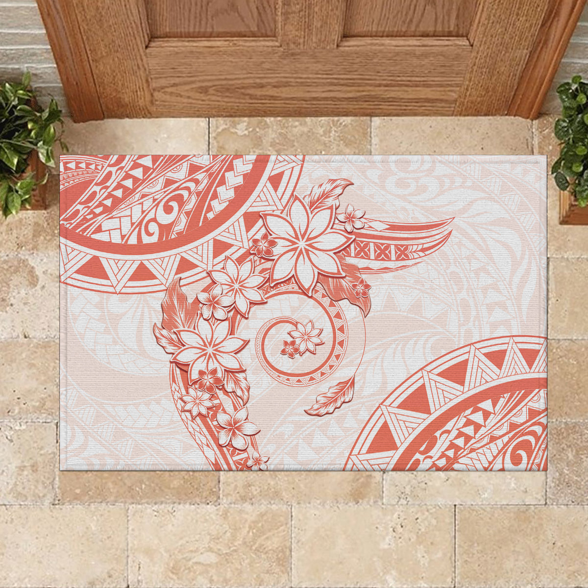 Polynesian Pattern With Plumeria Flowers Rubber Doormat Orange Peach LT05 - Polynesian Pride