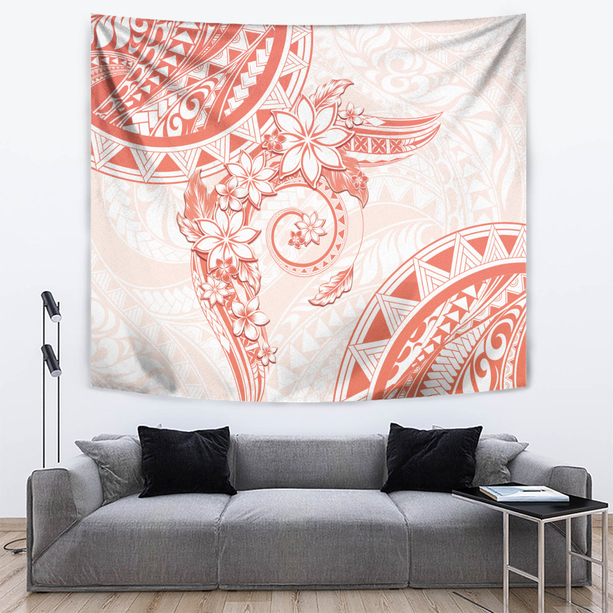 Polynesian Pattern With Plumeria Flowers Tapestry Orange Peach LT05 Peach - Polynesian Pride