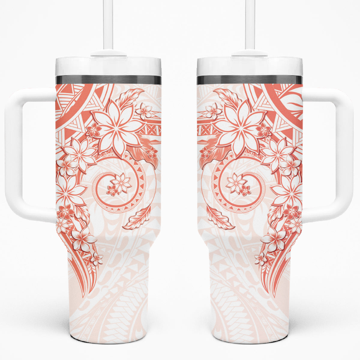 Orange Peach Polynesian Pattern With Plumeria Flowers Tumbler With Handle LT05 One Size: 40 oz Peach - Polynesian Pride